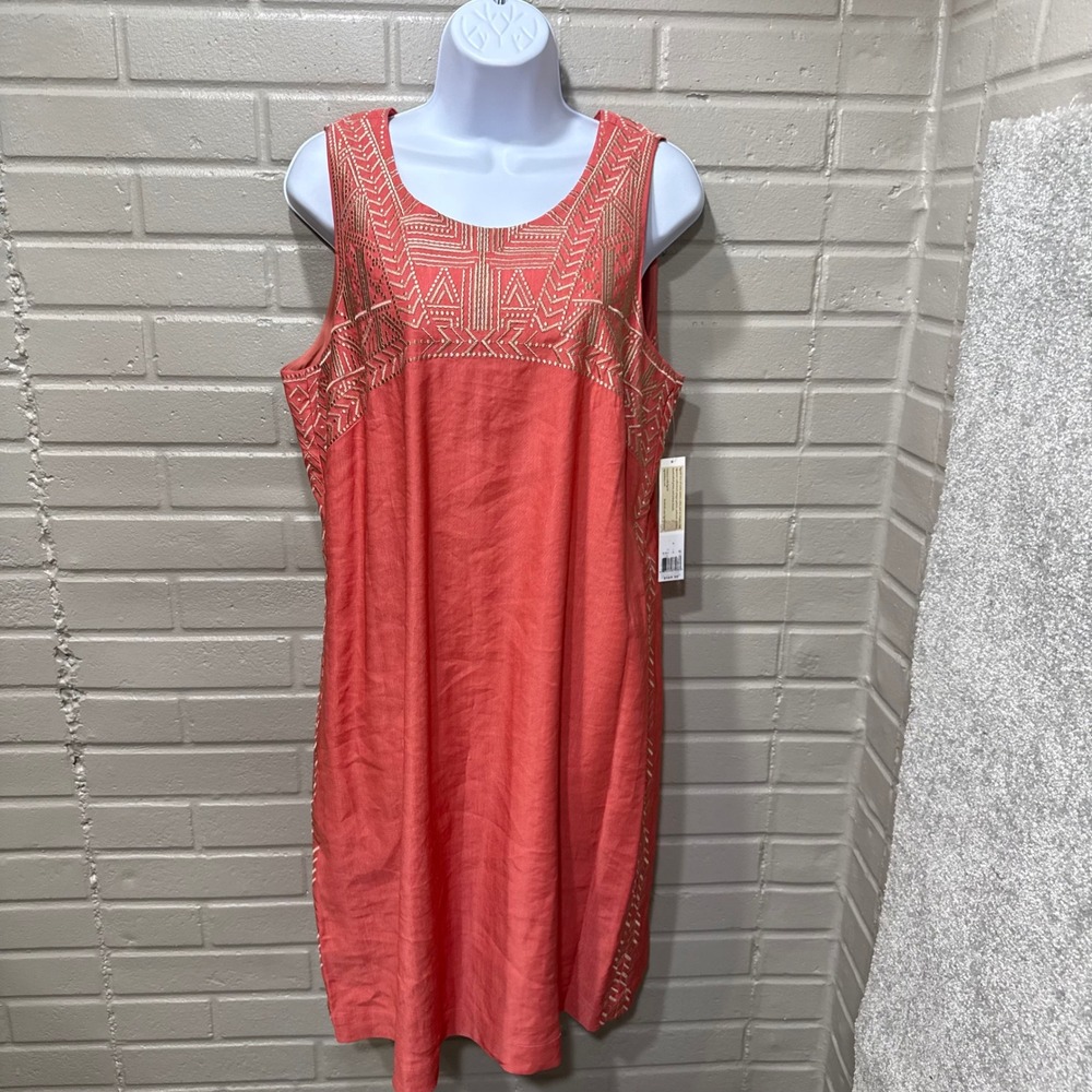 Sigrid Olsen Signature Coral Linen Blend Embroidered Shift Dress Sz12 NWT Resort